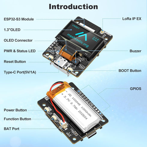 Meshnology M2 1000mAh SX1262 ESP32-S3 1.3" 915MHz Communication ThinkNode LoRa Development Board + Battery, Meshtastic