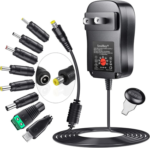 SoulBay 36W Universal AC Adapter 3V-12V Multi Voltage Switching DC Power Supply Transformer with 8 Adapters