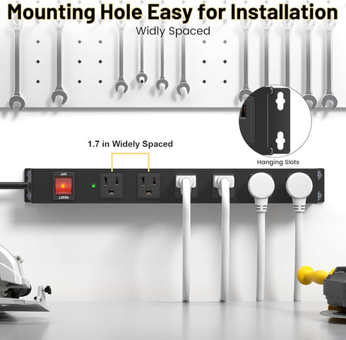 KF 6 Outlet Metal Wall Mount Power Strip, 2200J Surge Protection, 15A/1875W with Upgraded Switch and 12FT Cord