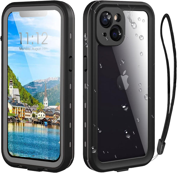 Waterproof iPhone 13 Case - Full Protection Shockproof Dustproof with Built-in Screen Protector and Lanyard (Black)
