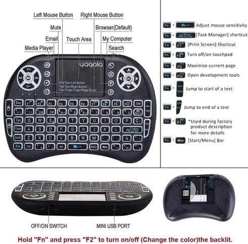 Backlit Mini Keyboard with Touchpad Mouse, Portable 2.4GHz Wireless for iPad, PC, Android TV Box