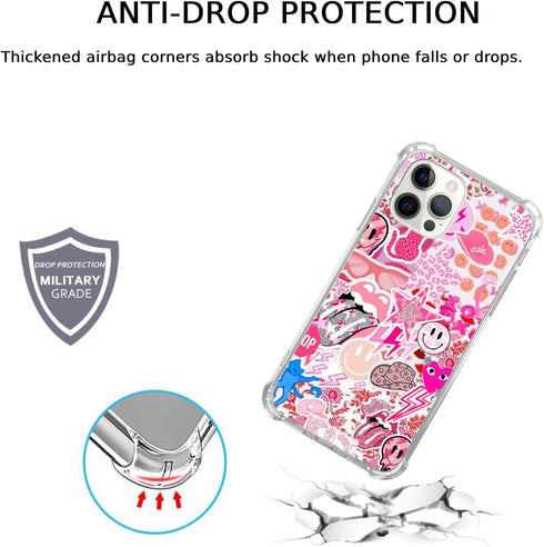 Hippie Pink Aesthetic Case for iPhone 14 Pro Max, Vintage Pink Smile Face Collage, Cool Trendy TPU Bumper Cover