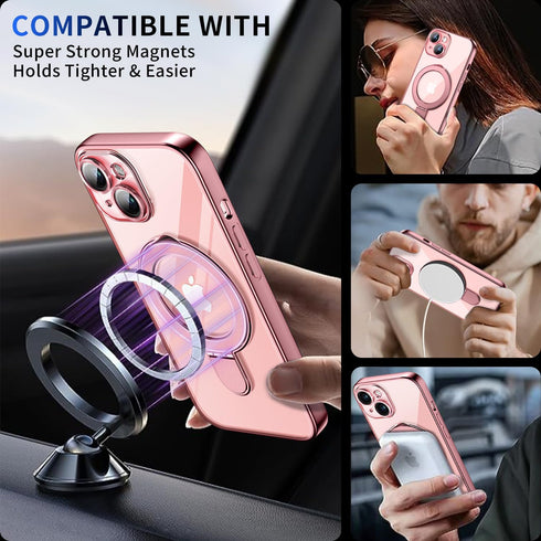 iPhone 15 Magnetic Case with Invisible Stand, Full Camera Lens Protector, Shockproof, Slim, Pink, Military Drop