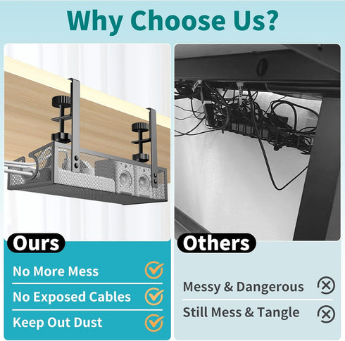 Under Desk Cable Management Tray, No Drill Black Organizer with Clamp for Desk Wire Management Accessories