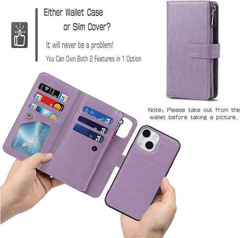 iCoverCase iPhone 13 Pro Wallet Phone Case, PU Leather Zipper Pocket Magnetic Detachable Flip Case with Wrist Strap