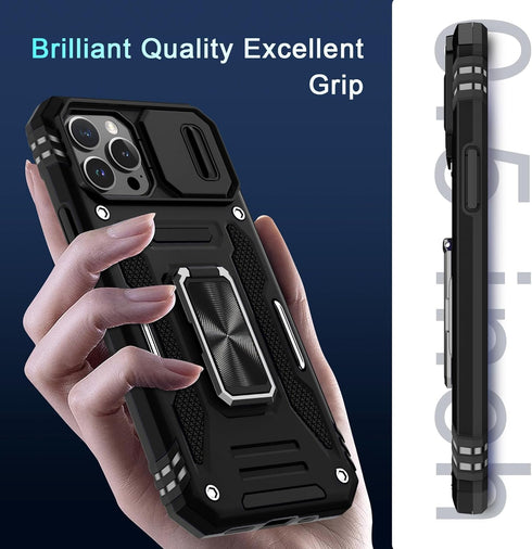 DEERLAMN iPhone 12 Pro Max Case, 6.7" Military Grade Shockproof, Slide Camera Cover, Screen Protector, Kickstand - Black