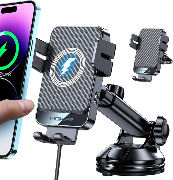Wireless Car Charger, MOKPR 15W Fast Charging Auto-Clamping Mount for iPhone 15/14/13/12, Samsung S23/S22