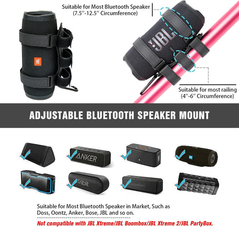 Portable Speaker Mount for Wireless Bluetooth Speakers with 7.5''-12.5'' Circumference, Waterproof Adjustable Strap Accessory Holder Fits UTV Golf Cart Bike or Boat Railing/Cross bar/Frame
