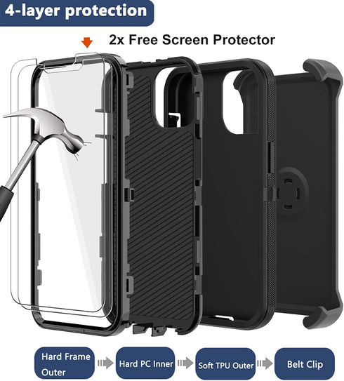 iPhone 14 Case (6.1”) - Rugged Black Heavy Duty Shockproof Cover with Belt Clip Holster & 2X Screen Protector.