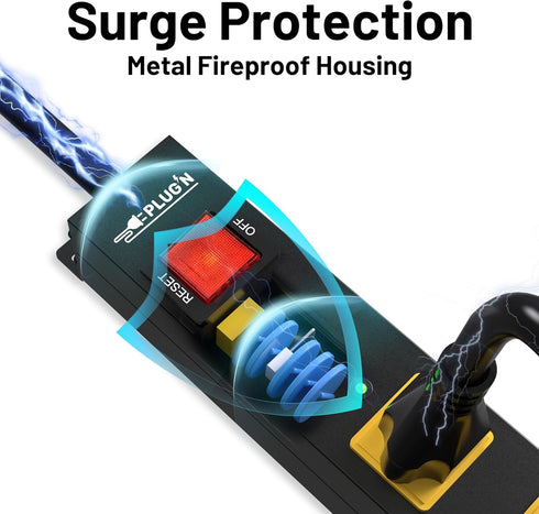Power Strip with 2700J Surge Protector, 8FT Cord, Flat Plug, 6 Outlet Metal Strip for Garage and Kitchen