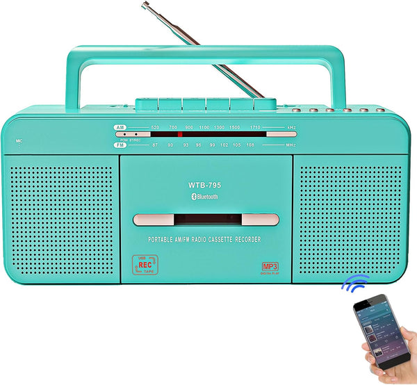 WISCENT Portable Retro Stylish Cassette Player Recorder Boombox with Bluetooth,USB,AM/FM Radio,Tape Player/Recording,USB Playback/Recording,Cassette