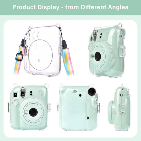 MUZIRI KINOKOO Clear Protective Case for Fuji Instax Mini 12, Hard PVC Carrying Case with Rainbow Shoulder Strap