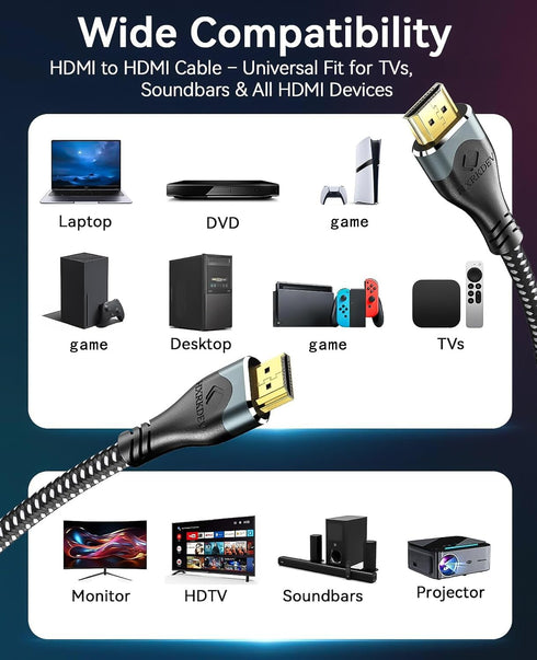 4K 50 2.0 4K@60Hz/2K/1080P/3D PS5/PS4 Long Hdmi Cable ft, HDMI Cable Braided, ARC/Ethernet Gold Plated HDMI Cord, Ultra