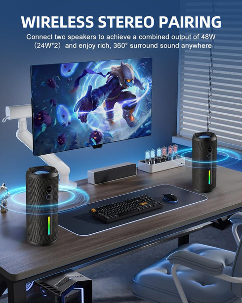 Portable Bluetooth Speaker, 24W Loud Stereo Sound, IPX7 Waterproof, RGB Lights, Up to 30H Playtime