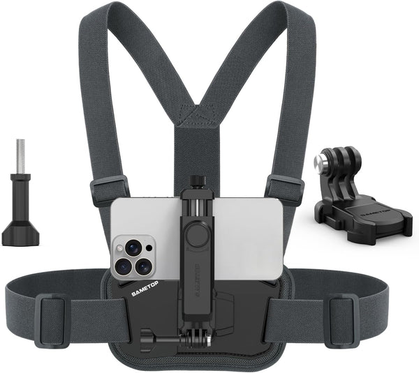 Sametop Phone Chest Mount Harness Holder, Mobile Phone Strap Clip Compatible with iPhone, Samsung, GoPro, and Most Cell