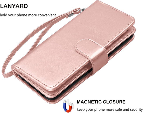 Njjex Wallet Case for Moto G Play 2021, PU Leather Folio Flip with 9 Card Slots, Detachable Kickstand & Lanyard (Rose
