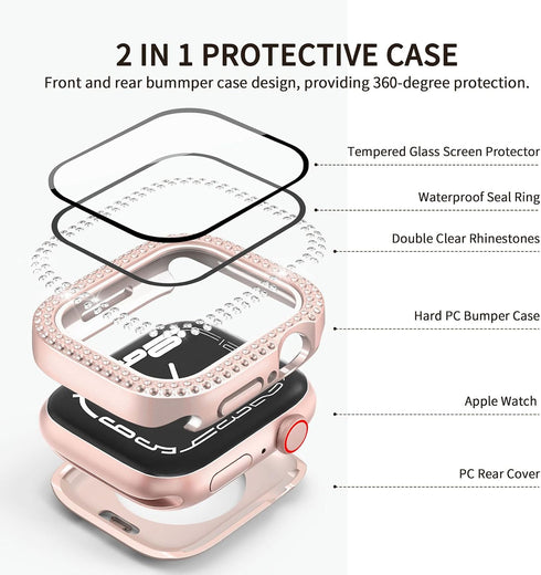 2 in 1 Waterproof Bling Case for Apple Watch 40mm, Screen Protector for SE Series 6/5/4, Glitter Diamond Bumper Cover