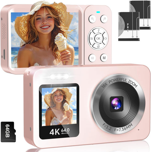 WABL Pink Digital Camera, 4K 64MP UHD Dual Screens Camera, 18X Zoom, Portable
