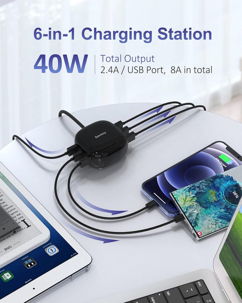SUPERDANNY 6-Port USB Charger 8A, 40W Mini USB Charging Station for Multiple Devices, 4ft Cable, Compatible with