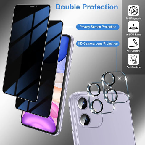 YMHML 2 Pack iPhone 11 Privacy Screen Protector + 2 Pack Camera Lens Protector, Anti Spy Tempered Glass Privacy Screen for iPhone 11 (6.1 Inch), Bubble Free Easy Installation