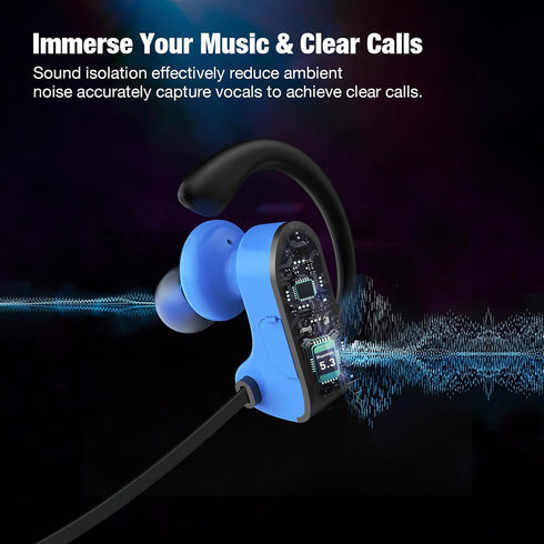 Wireless Headphones, Bluetooth 5.3, 16H Playtime, IPX7 Waterproof Sports Earbuds with Mic, Sound Isolation, Blue