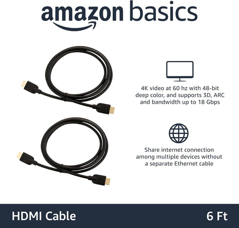 2.0 2-Pack, 6ft, 4K@60Hz, 18Gbps, 2160p, 48 TV/PS5/Xbox/Roku/Blu-ray, Amazon Basics HDMI Cable, High-Speed bit