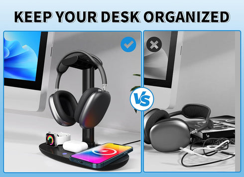 4 in 1 Headphone Stand with 15w Qi Charging Station, Detachable Design for Travel, Home, Hotel