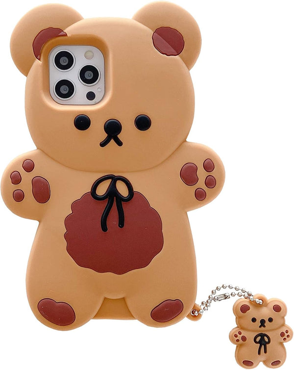 Yatchen Bear Case for iPhone 13 Pro Max, Kawaii 3D Cartoon Teddy Bear Soft Silicone Shockproof Cover with Keychain