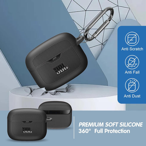 Black Silicone Case Compatible with Tune Buds, Shock Proof Waterproof Protective Cover with Metal Carabiner [Front LED