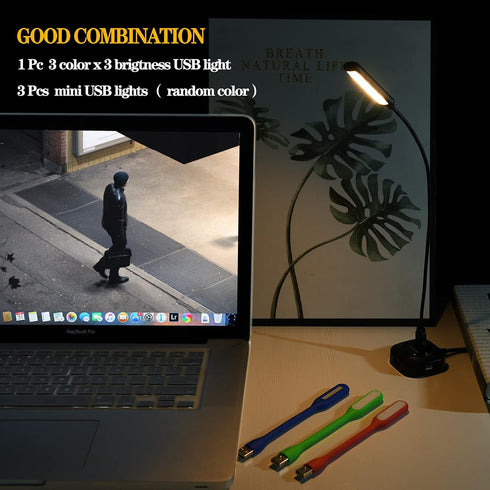 USB Laptop Light with Adjustable Gooseneck, 3 Color x 3 Brightness + 3 Mini LED Lights