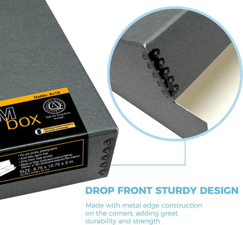 Lineco 8x10 Gray Drop Front Archival Storage Box, Acid-Free, Lignin-Free for Preserving Photos and Documents
