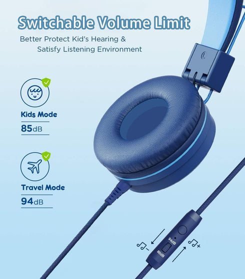 Upgrade USB Type C Kids Headphones with LED Lights, Microphone, Volume Limiter 85/94dB - Blue, Perfect for School &