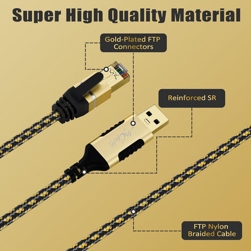 USB A to Ethernet Adapter Cable 25 FT, Upgrade USB-A to RJ45, Gold-Plated Connector, Nylon Braided, Gigabit LAN Network