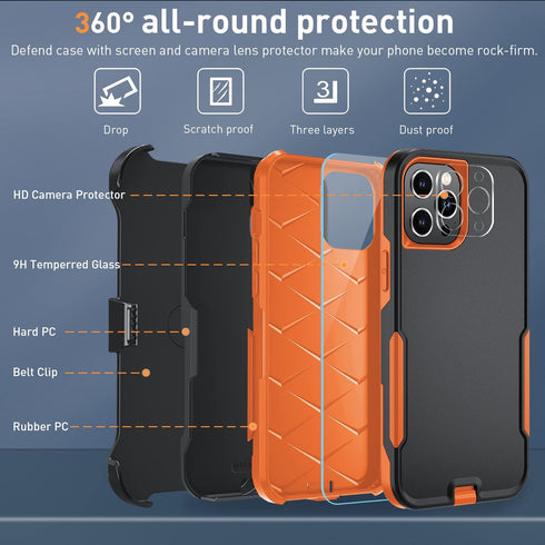 iPhone 12 Pro Max Case with Shockproof Belt Clip Kickstand, Tempered Glass Screen Protector & Camera Lens Protector,