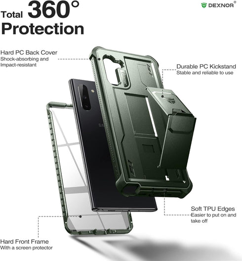 Dexnor Samsung Galaxy Note 10 Case with Built-in Screen Protector and Kickstand, Heavy Military Grade Shockproof Cover