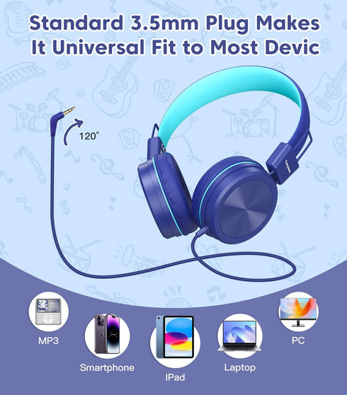 Kids Headphones, Toddler Headphones with Safe Volume Limiter 94dB, Wired School Headphones for Kids, Adjustable Design