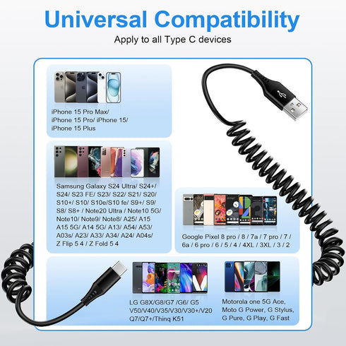 USB A to USB C Cable Fast Charging 6FT/3Pack for iPhone 15/15 Pro/15 Pro Max/15 Plus, Retractable Car Charger Cord