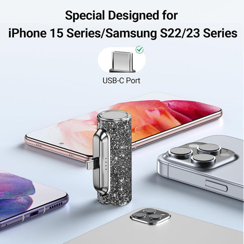 Mini Portable Charger 4500mAh, USB C Small Power Bank, Bling Cute Battery Pack for iPhone 15/15 Plus/15 Pro/15 Pro Max,