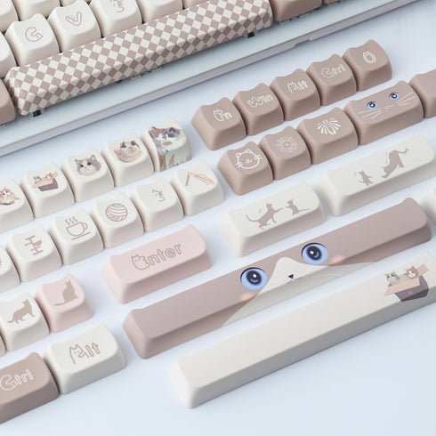 Hyekit PBT Keycaps for Mechanical Keyboard, 144 Keys Cute Cat Keycaps, Dye-Sublimation Custom Keycaps for Cherry