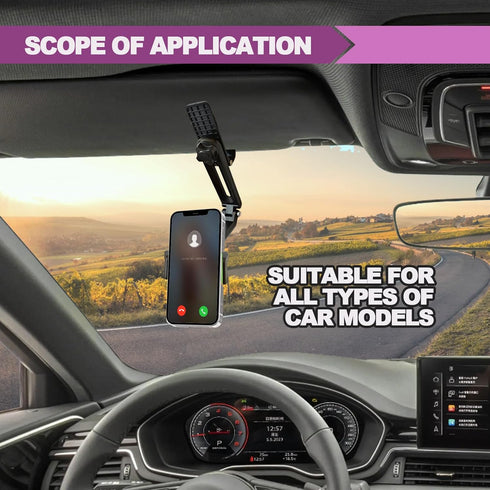 Multifunctional 360° Rotating Sun Visor Cell Phone Holder, Compatible with iPhone, Samsung, Android, Universal Rearview