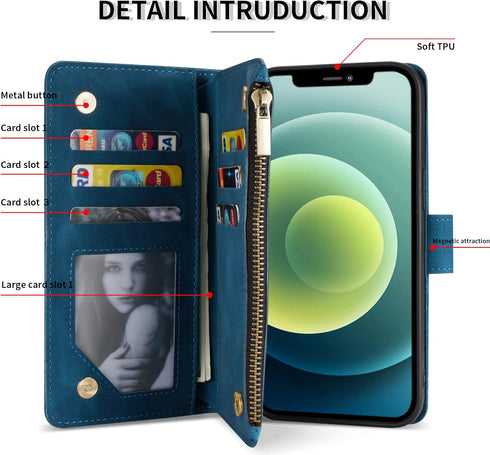 ZZXX for iPhone 12 Mini Wallet Case, Premium Soft PU Leather Zipper Flip Folio with Card Slot, Wrist Strap, Kickstand