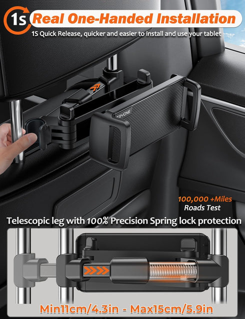 Tryone Car Headrest Tablet Holder Mount Stretchable Backseat Tablets Stand for Kids, Car Seat Mounts Compatible with iPad Pro 12.9 Air Mini, iPhone, Galaxy Tab, Switch, All 4.7-12.9" Screen Devices by Tryone