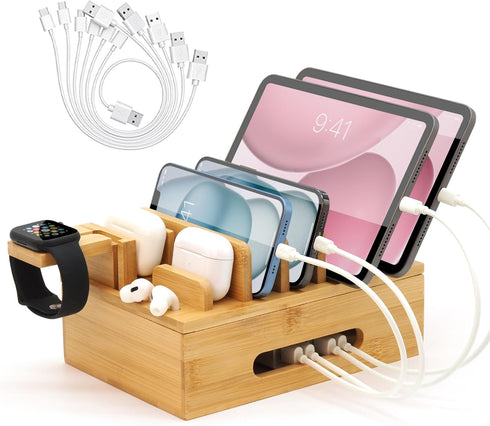 LEOKKARR Bamboo Charging Station with Watch Stand, Desktop Charging Station Organizer, Wood Docking