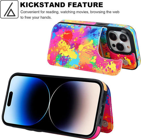 HAOPINSH iPhone 14 Pro Wallet Case with Card Holder, Colorful Graffiti Pattern Back Flip PU Leather Case for Women Girls