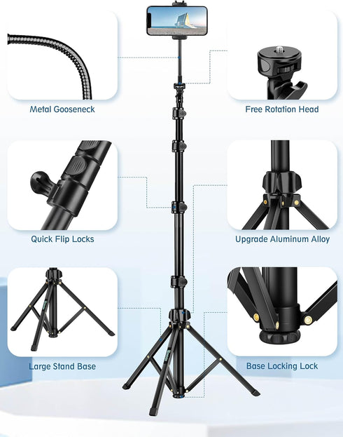 Nineigh 85" Phone Tripod, Tripod for Cell Phone iPhone with Gooseneck, Aluminum Tripods Stand for Video Recording Photo