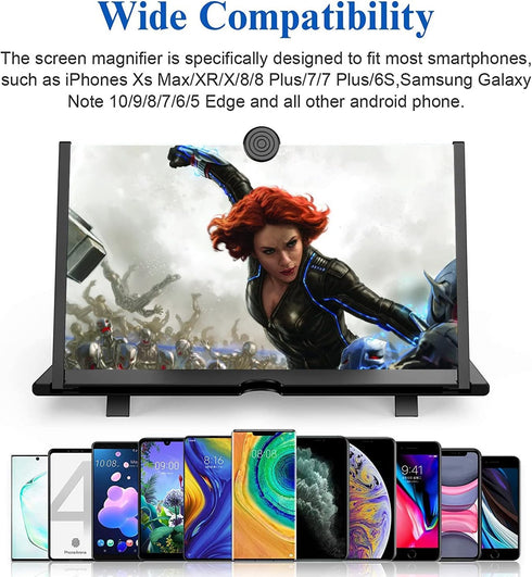 18" Screen Magnifier for Cell Phone, 3D HD Enlarger Projector for Movies and Gaming, Foldable Phone Stand