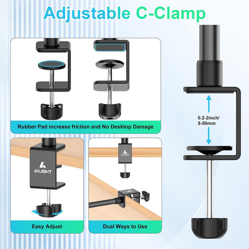 ailight 1/4" insta360 Camera Desk Mount Webcam Stand, Adjustable Table Camera Stand with Screw & C Clamp Overhead