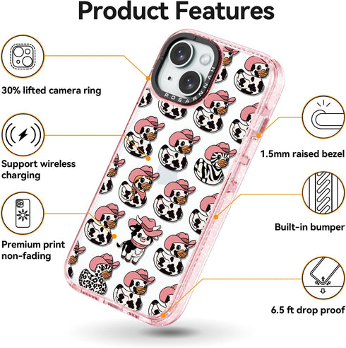 Rosarnnah 15 6.6 (6.1") for iPhone Case Cute - Durable Shockproof ft Drop Impact Phone Case - Funny Milk Cow Ducky
