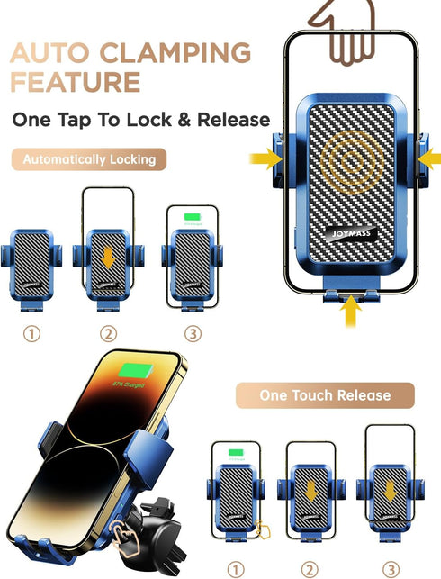 Wireless Car Charger JOYMASS 15W Fast Charging Auto Clamping Mount for iPhone 15 14 13 12 Mini Pro Max, Samsung Galaxy