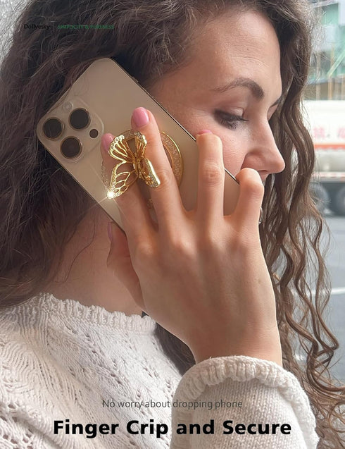 2024 Upgrade Magnetic Phone Grip Compatible with MagSafe, Butterfly Holder Finger Kickstand, Adapter Ring Included, Gold
